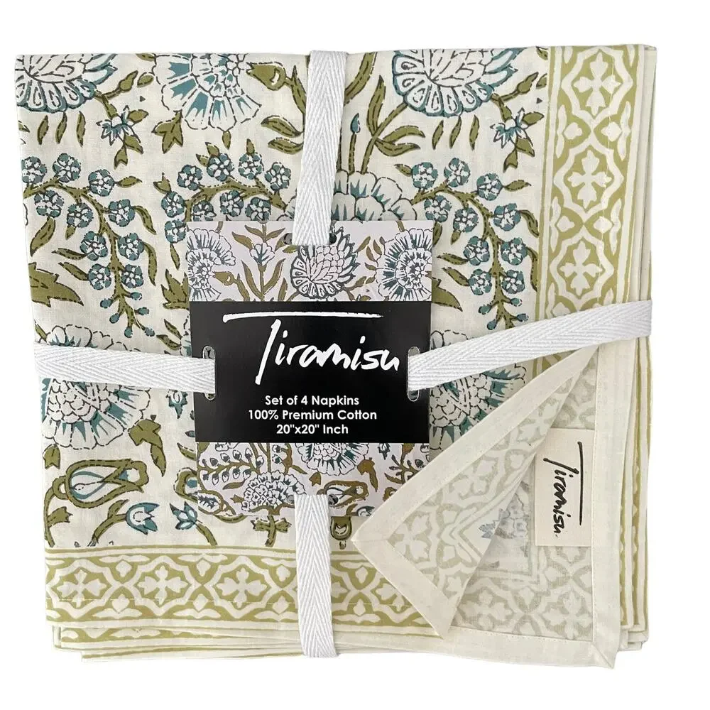 TIRAMISU Spring Floral 100% Cotton 20X20 Cloth Napkins Set of 4 Green Blue NEW